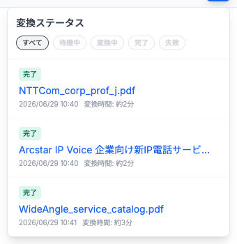 変換ステータスのドロップダウン